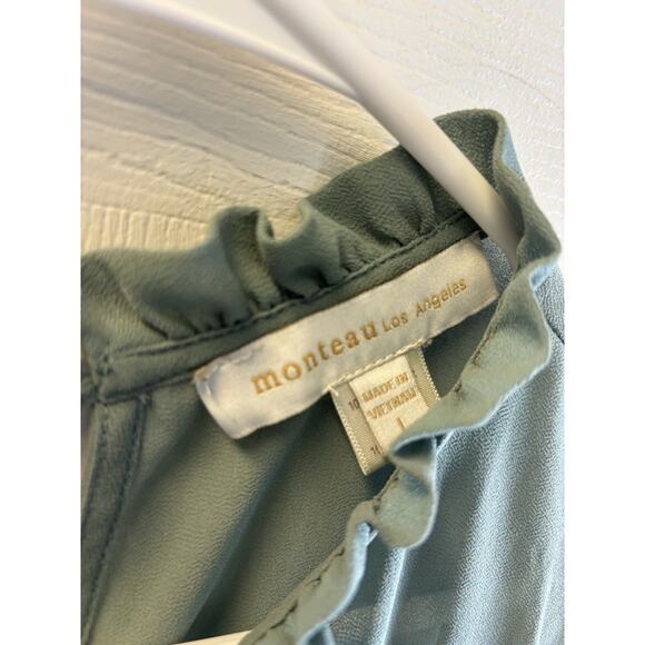 Monteau Los Angeles Shirt L Green Blouse Ruffle Cottagecore0 - Picture 2 of 5